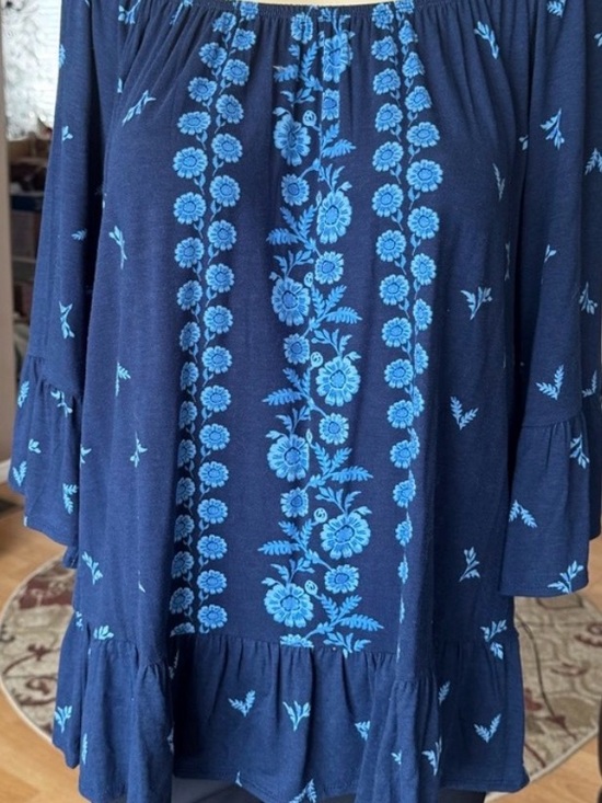 The Unbranded Brand Tops - Women's Blue Summer Top Embroidered Look Peasant Final Sale